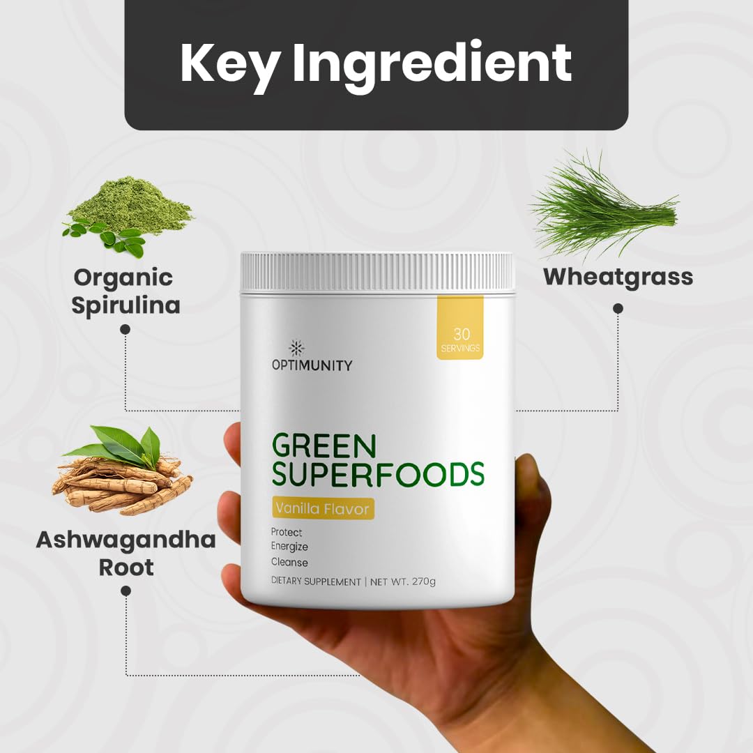 Dose précise d'Optimunity Greens facilitant une routine quotidienne riche en nutriments.