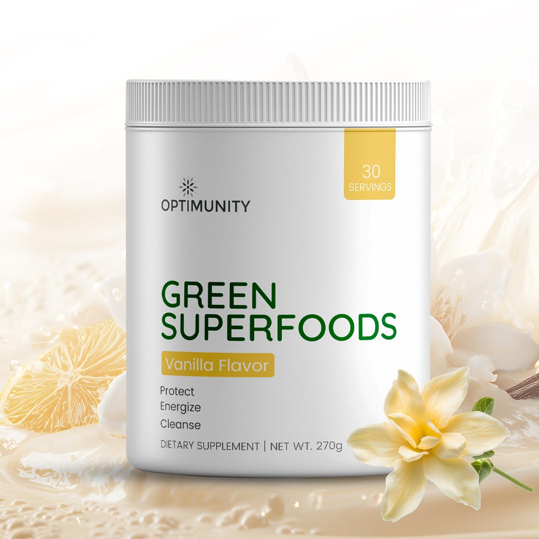 Optimunity Greens en poudre se mélange facilement dans un verre d'eau, énergie naturelle.
