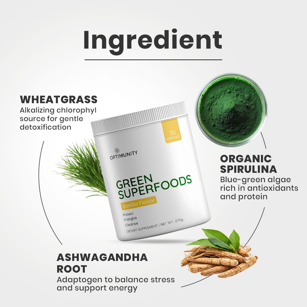 Mélange Optimunity Greens dans un smoothie vert pour un regain d'énergie naturel.