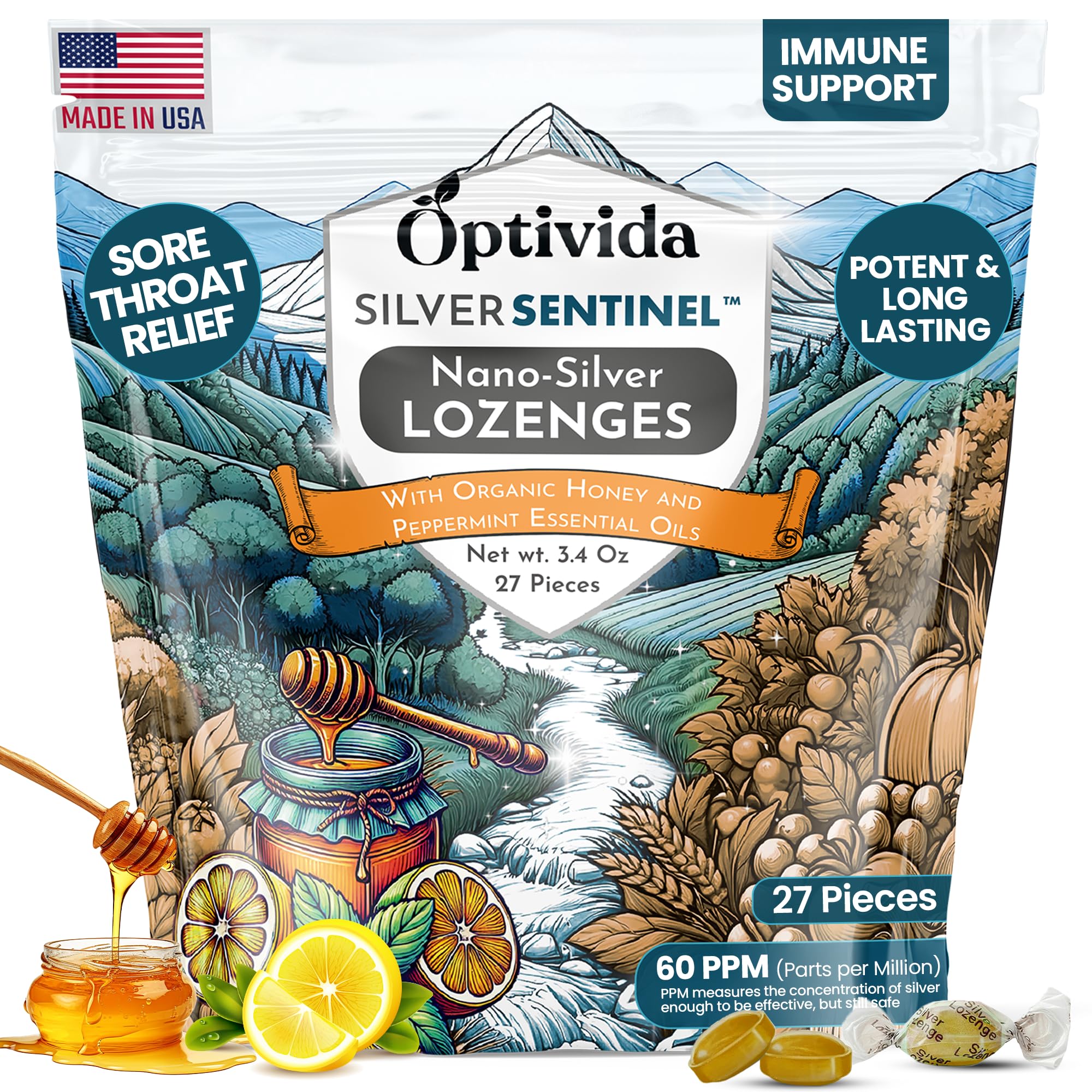 Pastilles OPTIVIDA Argent Nano 60 PPM dans boîte, soutien possible au confort de gorge.