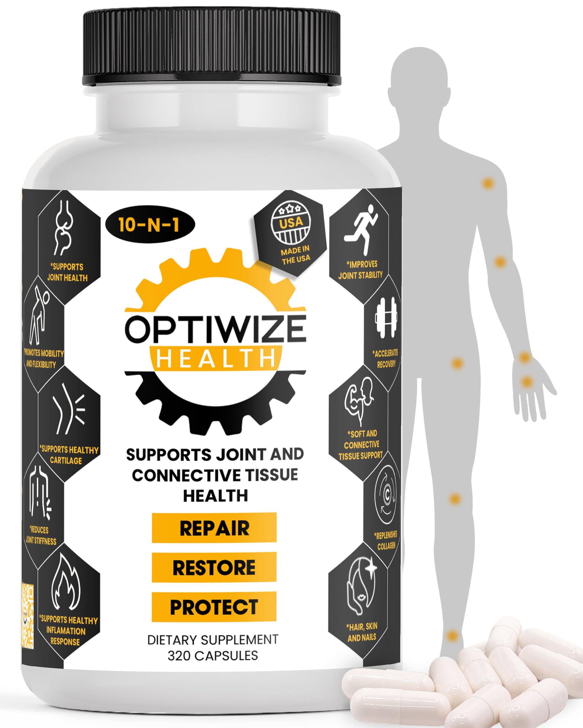 OptiWize 10-en-1 soutien articulations, bouteille pratique pour mobilité quotidienne.