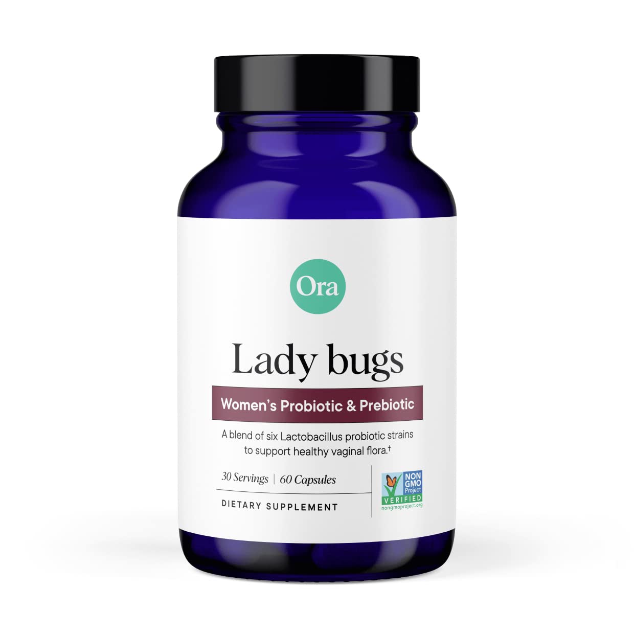 Ora Organic – bouteille de probiotiques pour femmes, soutien potentiel à l'équilibre vaginal.