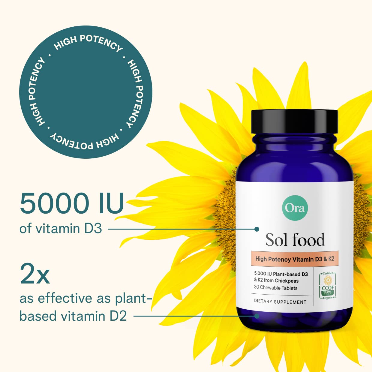 Ora Organic – comprimés mâchables D3 K2: goût naturel sans sucre ajouté.