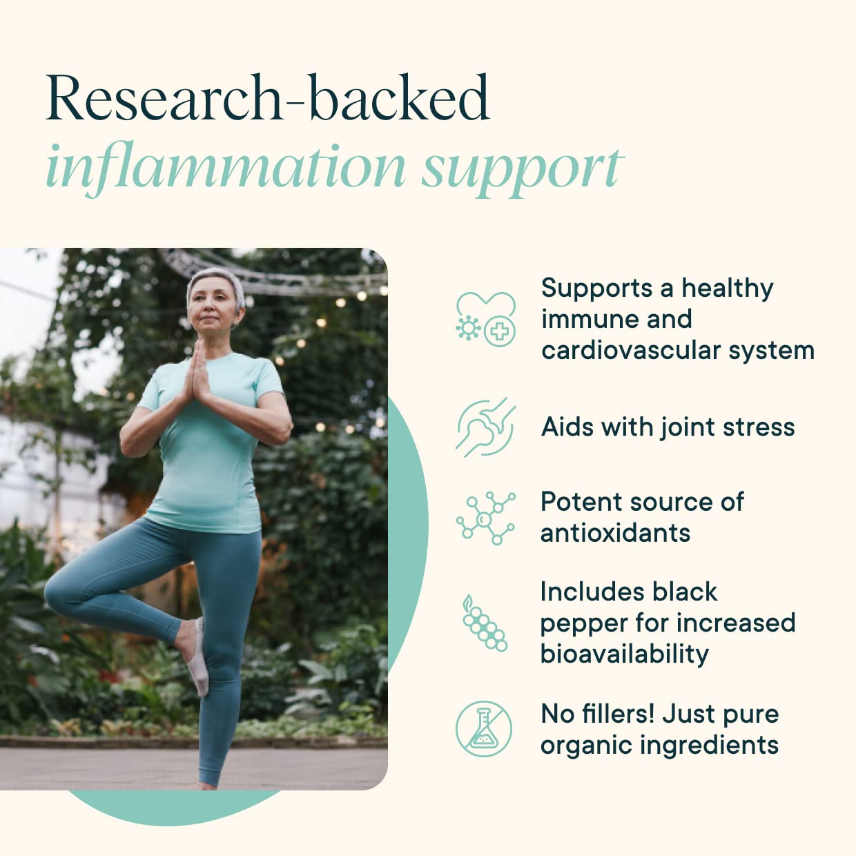 Ingrédients purs: curcuma biologique et piperine sans additifs.