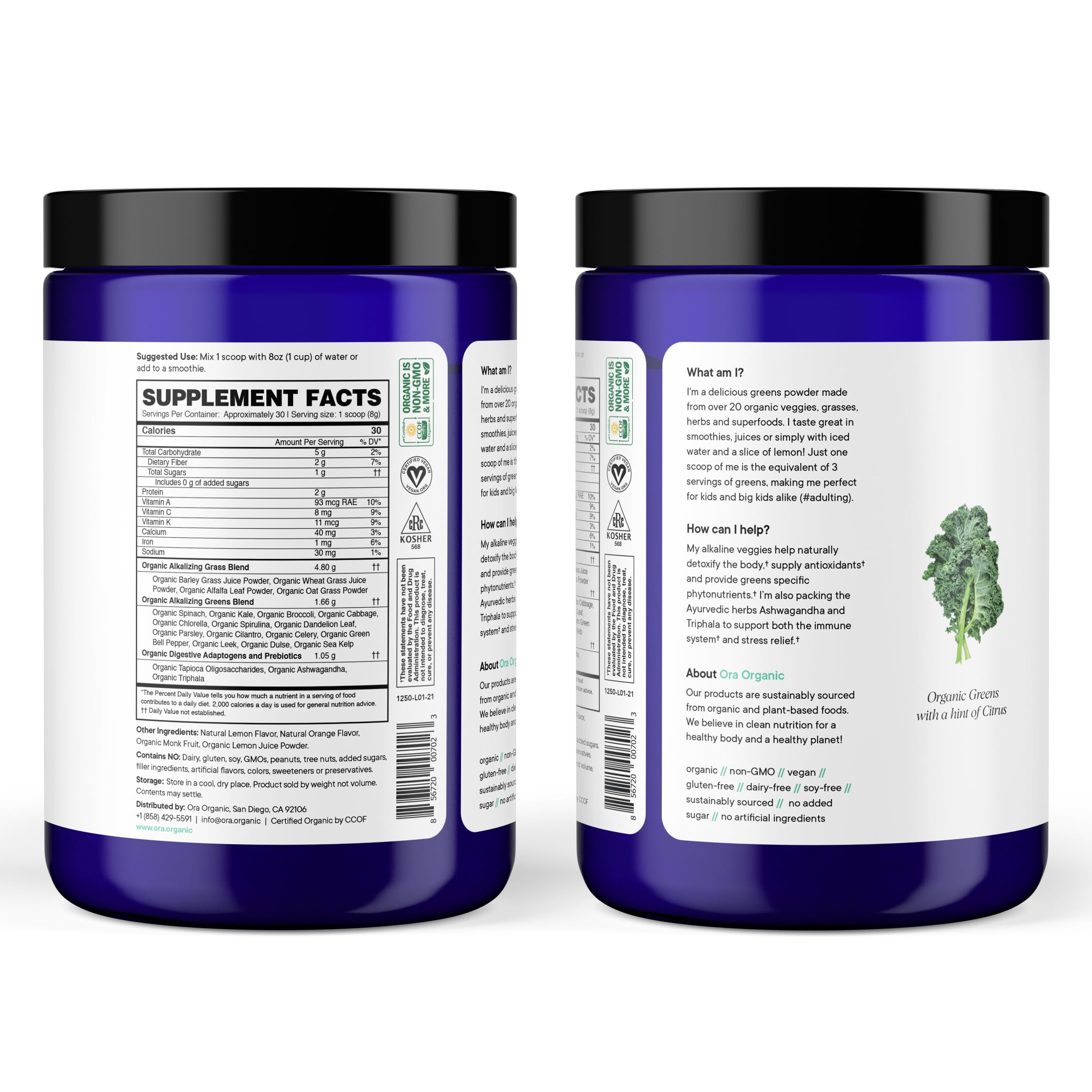 Ora Organic Greens Powder ajouté à un smoothie, boost nutritionnel pratique.