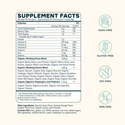 Ora Organic Greens Powder arôme citron-orange, façonnant une boisson vitaminée.