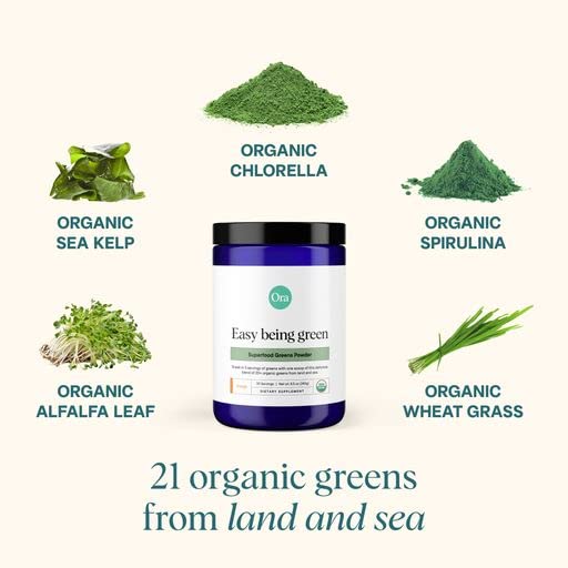 Ora Organic Greens Powder avec doseur, dosage facile pour une routine saine.