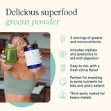 Ora Organic Greens Powder mélange d'ingrédients verts, bénéfice énergie naturelle.
