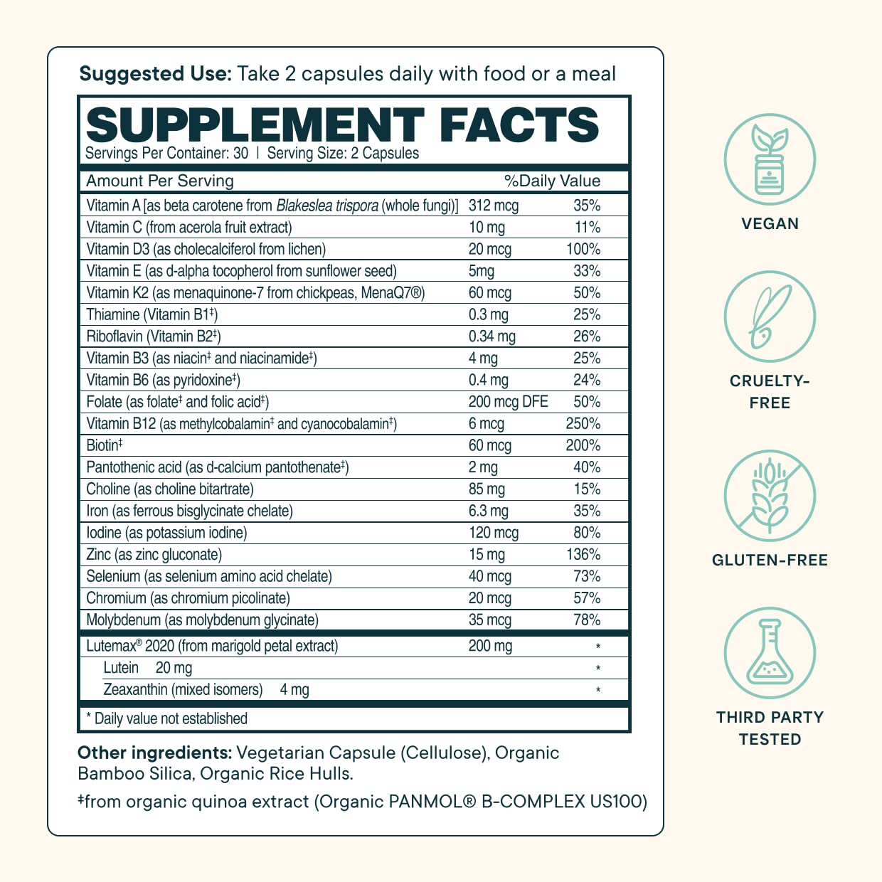 Ora Organic Multivitamine, protection lumière bleue pour yeux et concentration.