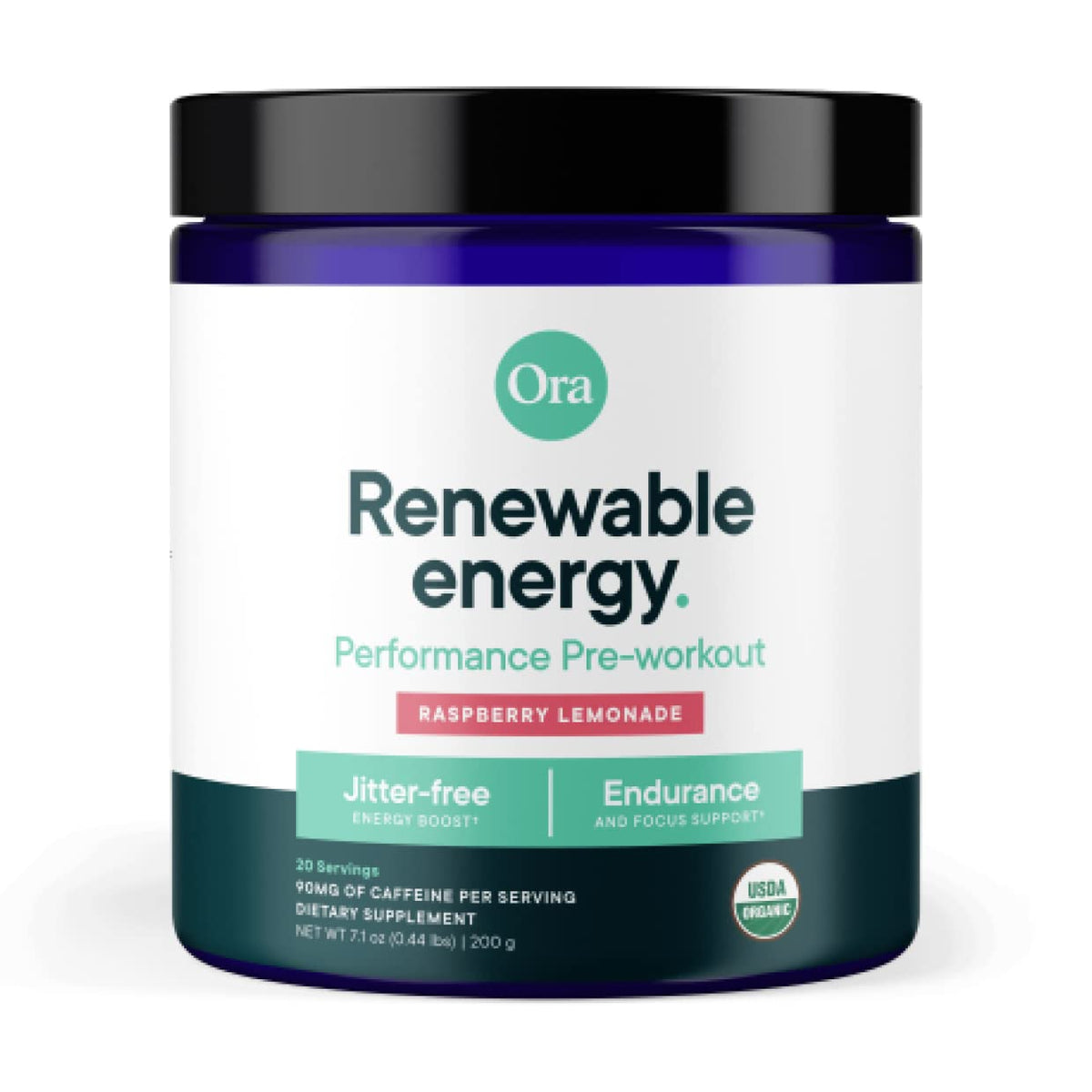 Ora Organic Poudre pré-entraînement saveur framboise citron, énergie durable et focus pour l'entraînement