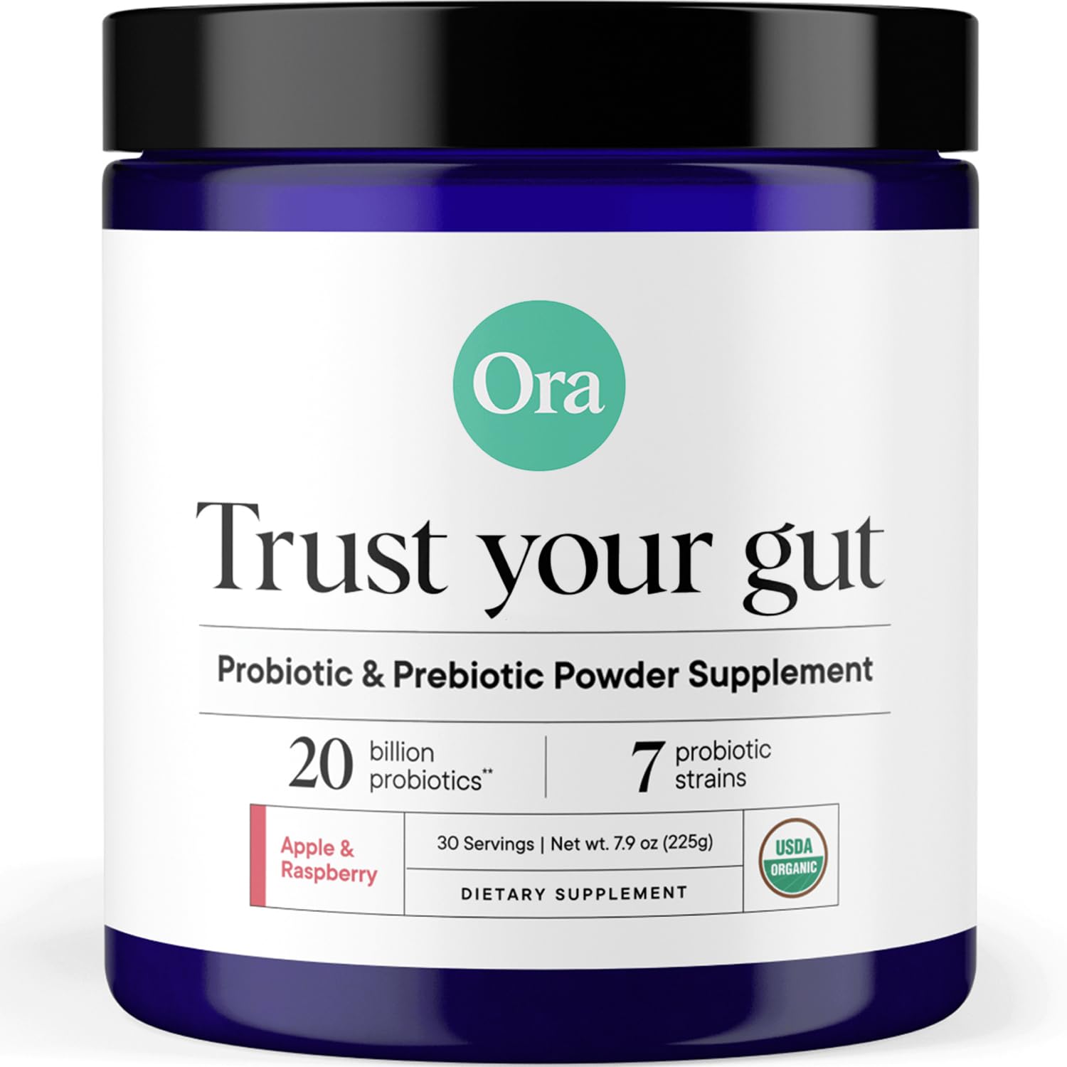 Ora Organic prébiotiques et probiotiques en poudre dans une bouteille en verre