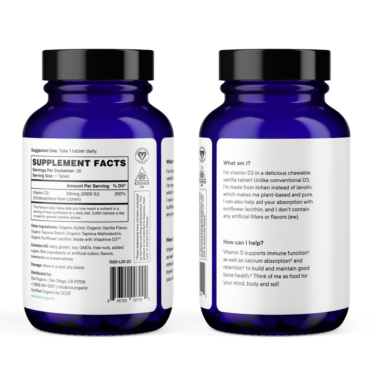 Ora Organic Vitamine D3 2000IU, étiquette claire et biologique, sans allergènes majeurs.