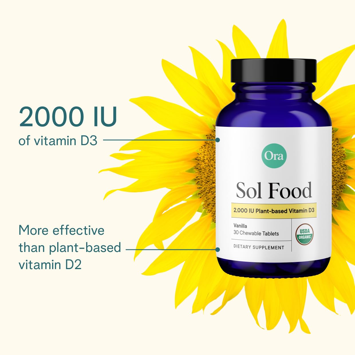 Ora Organic Vitamine D3 2000IU, lecithine bio, formulation simple et pure.