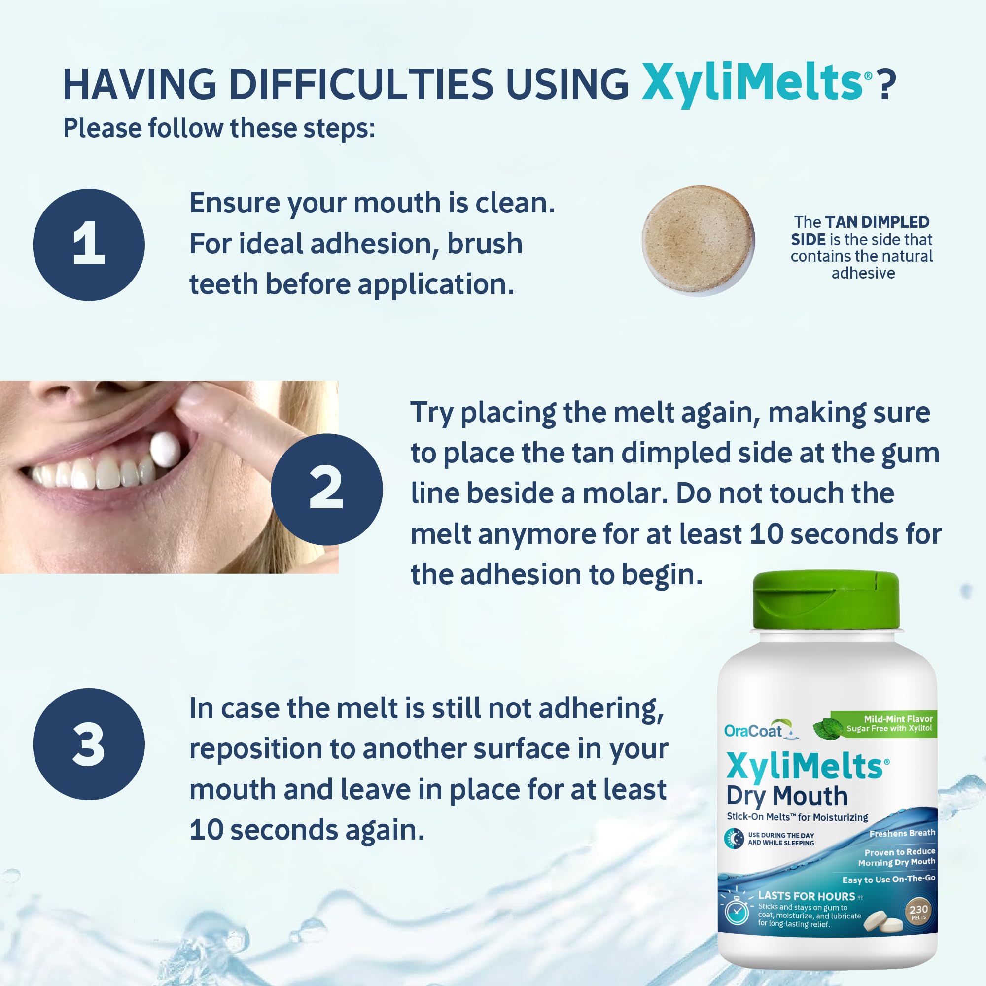 Oracoat XyliMelts adhésion dentaire, se fixe sur dents pour relief discret.