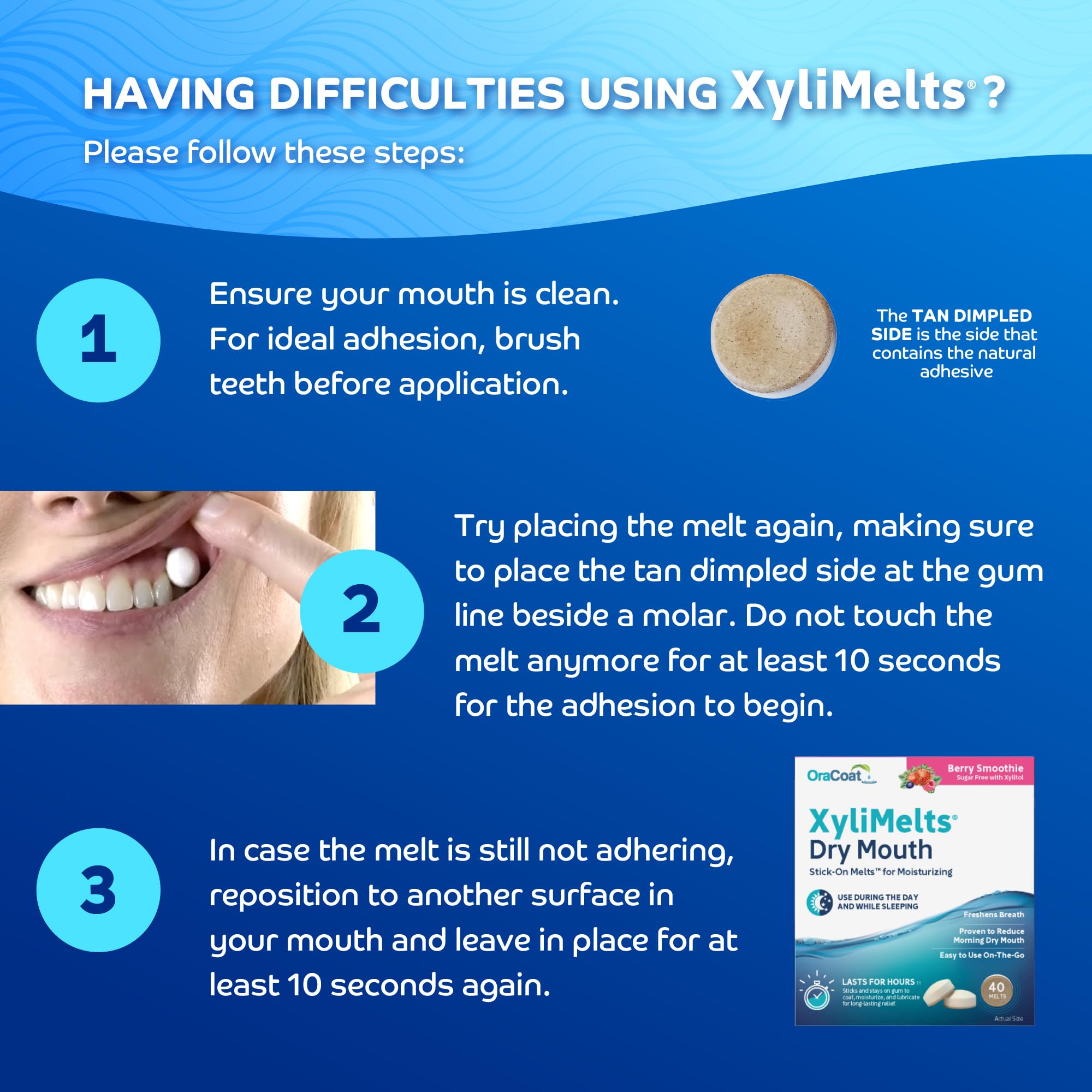 Oracoat XyliMelts disque adhérent, hydratation buccale en journée.
