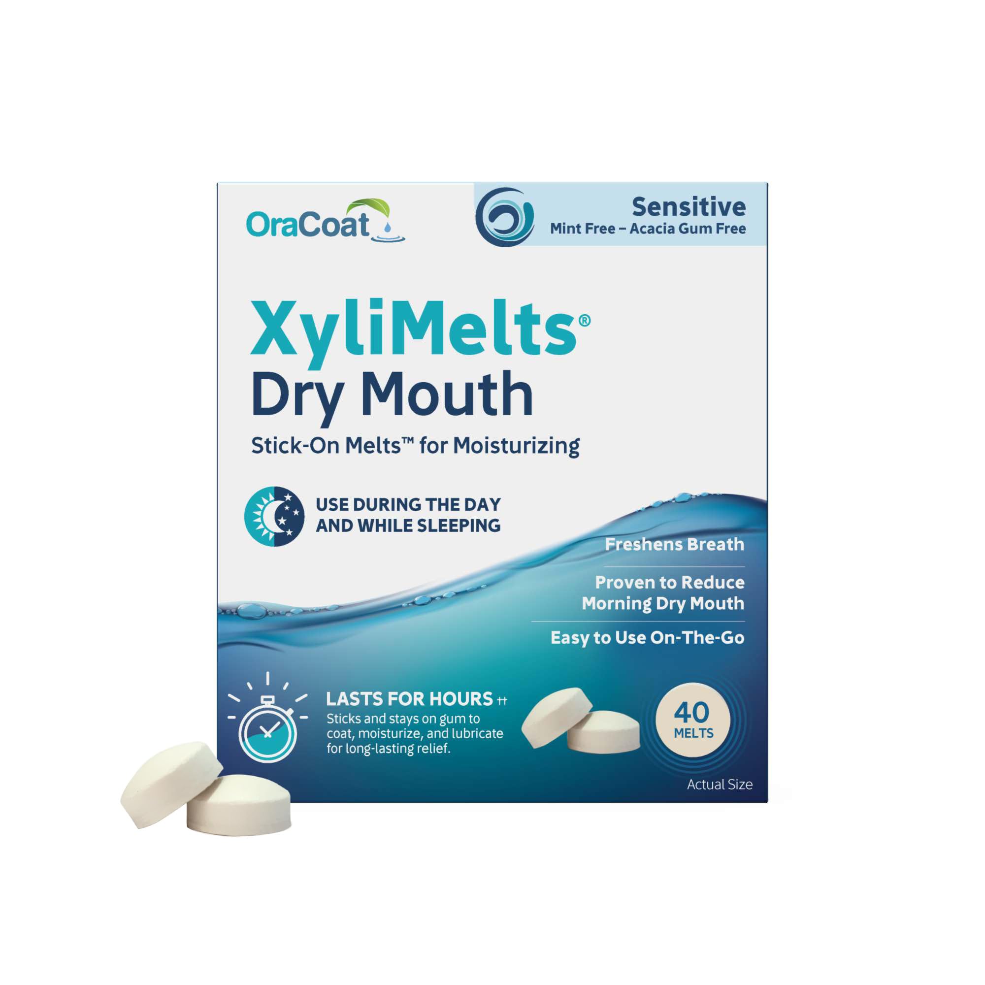 OraCoat XyliMelts emballage pratique pour hydratation buccale en déplacement.