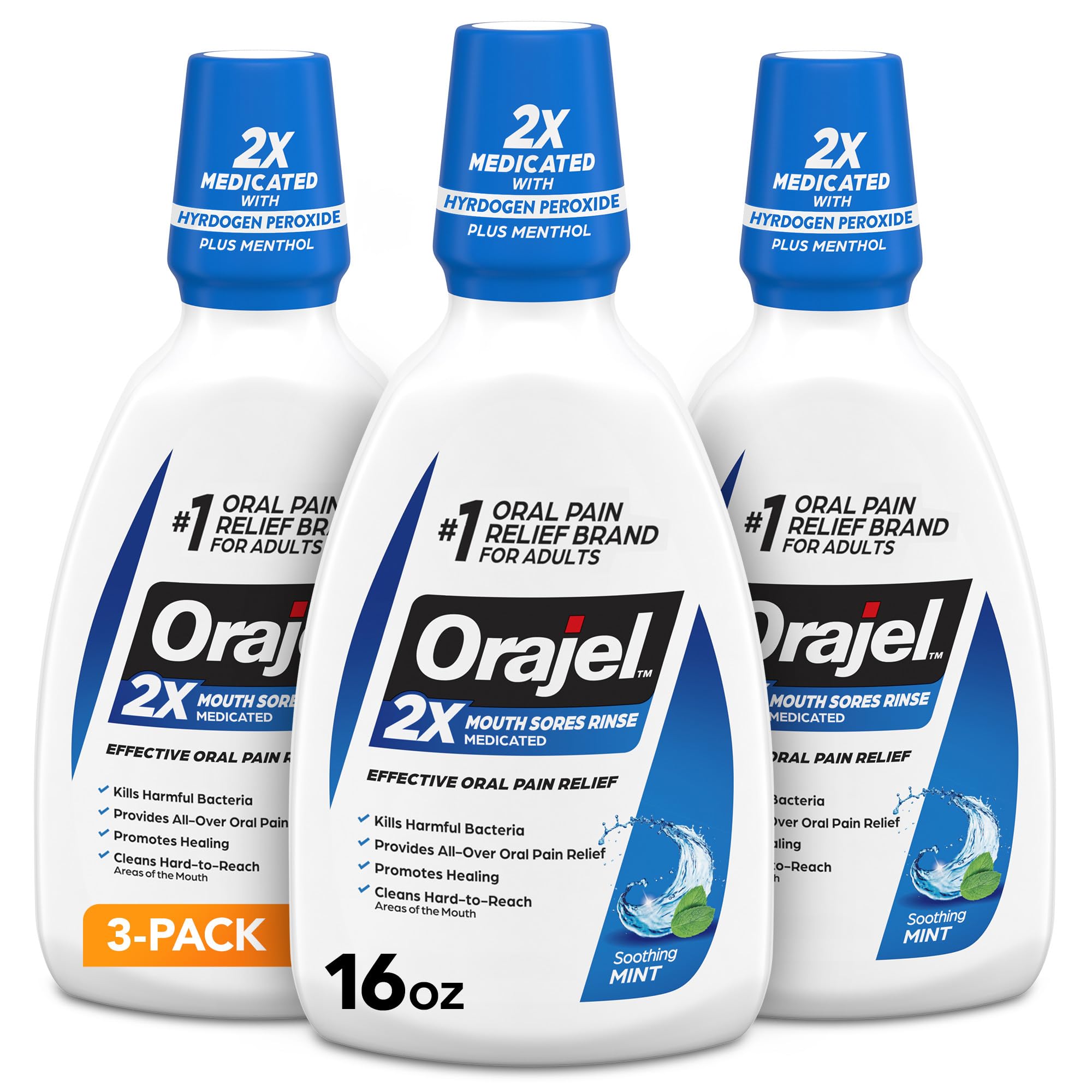 Orajel Rinçage buccal non-séptique menthe, bouteille 16 oz, soulagement potentiel