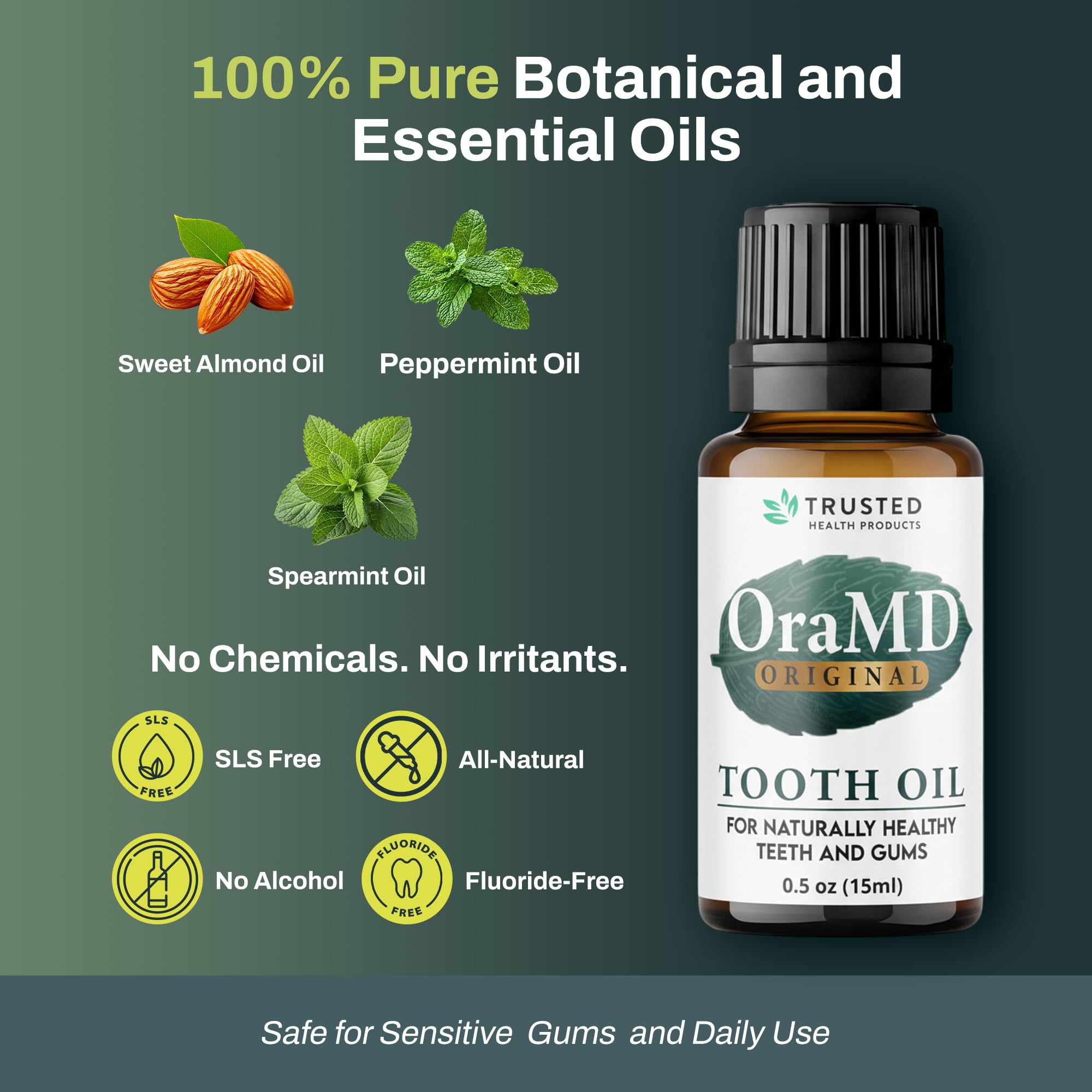 OraMD huile dentaire 4-en-1 composition amande et menthe, parfum doux.