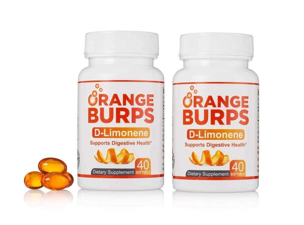 Orange Burps: bouteille de gelules, soutien digestif potentiel après les repas.