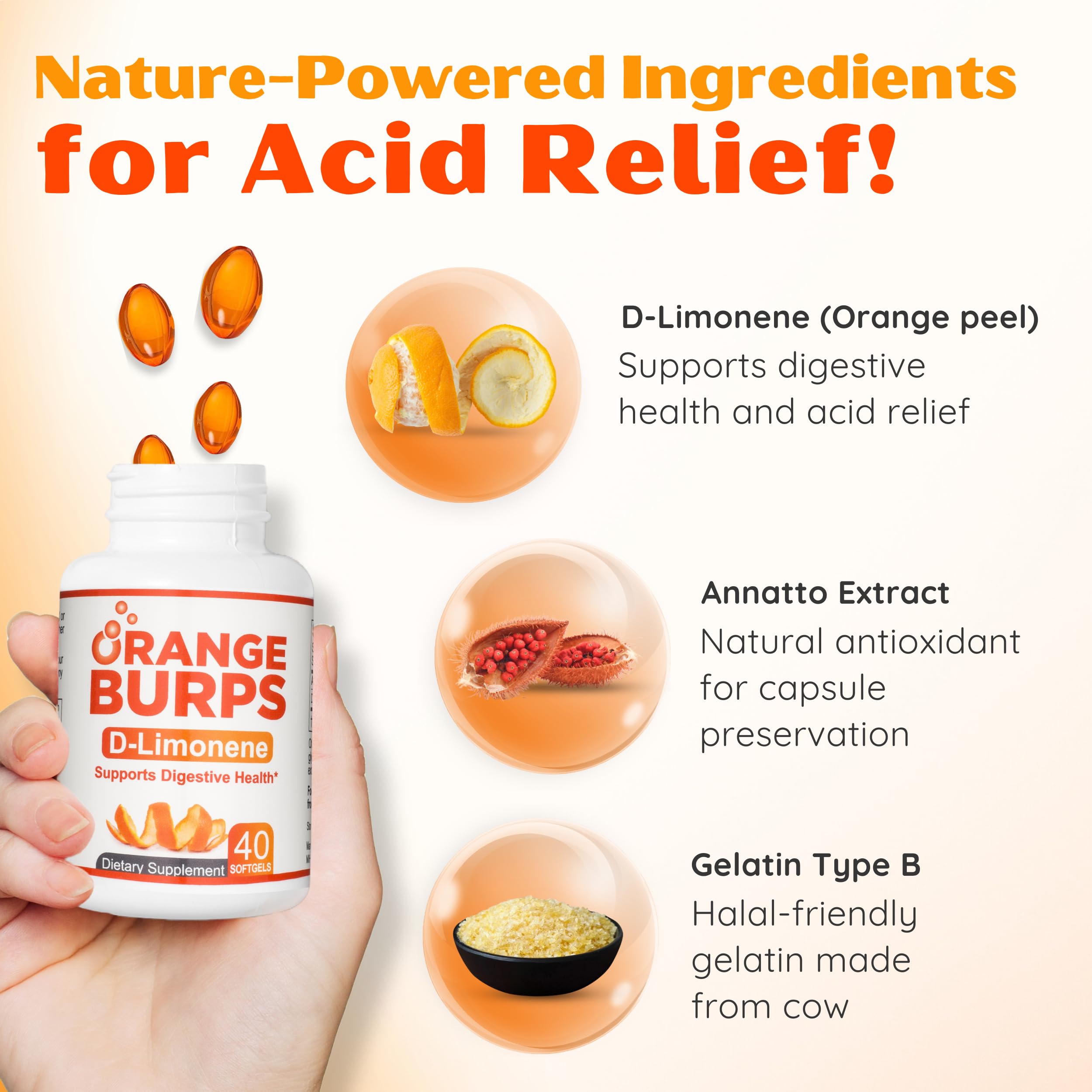 Orange Burps: gélules d-limonene, solution naturelle pour l'inconfort après repas.