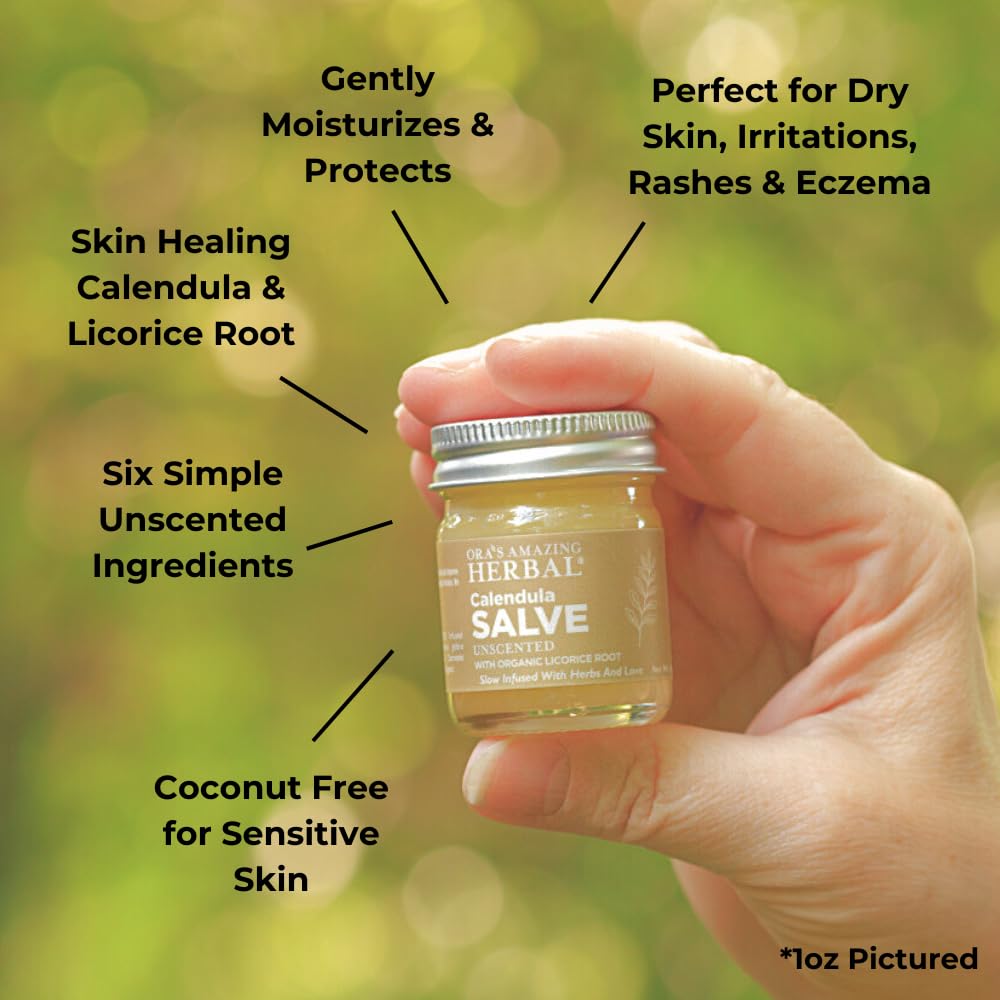 Étiquette Calendula Salve Ora's Amazing Herbal – ingrédients simples et sans coco.