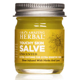 Touchy Skin Salve d'Ora's Amazing Herbal – bouteille 1oz, soin hydratant pour peaux sensibles.
