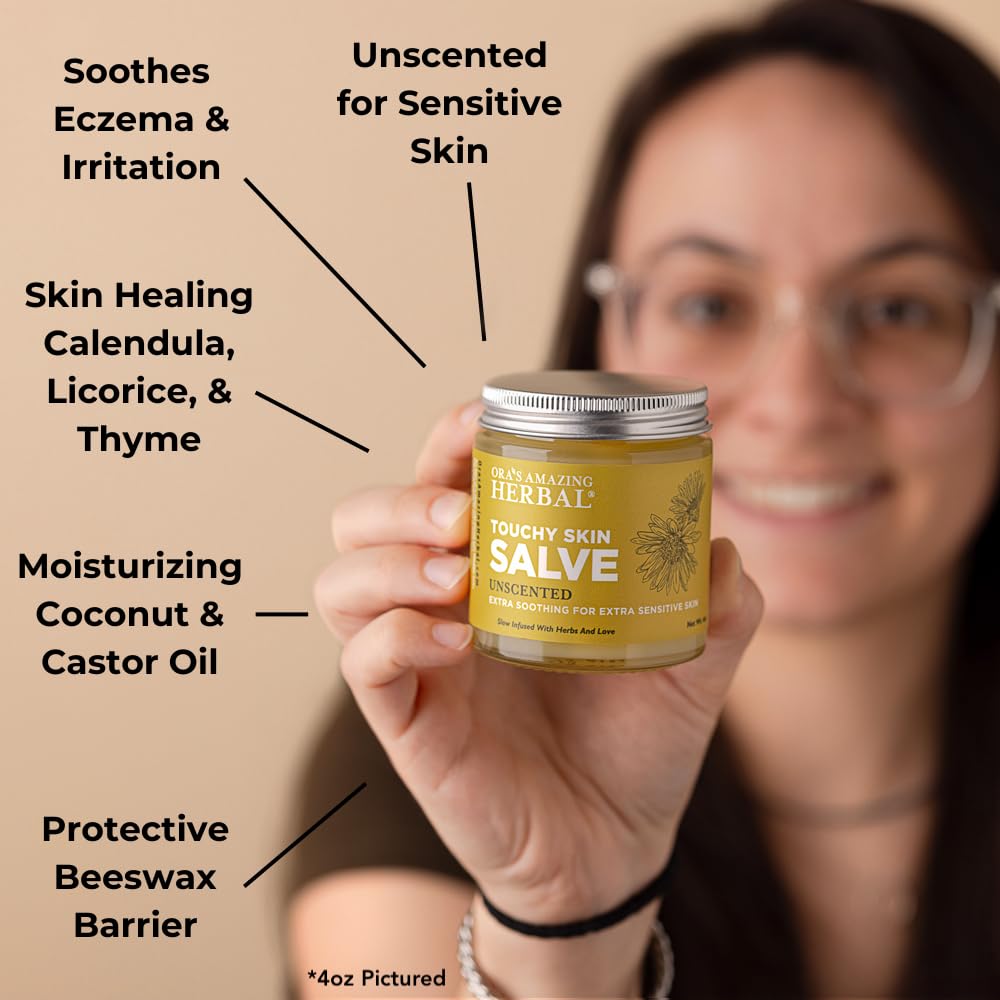 Ora's Amazing Herbal Touchy Skin Salve — bouteille 4 oz pour hydratation durable.