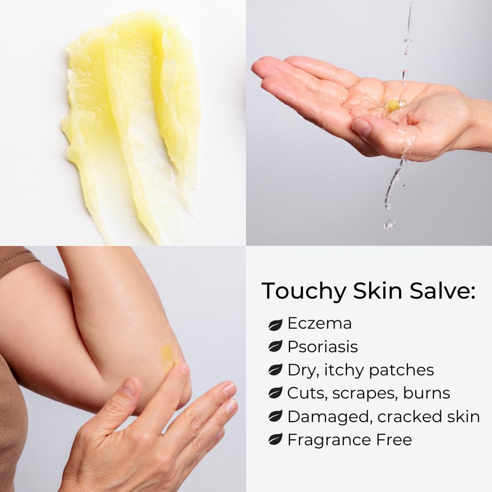 Application ciblée pour mains et zones sèches avec Touchy Skin Salve.