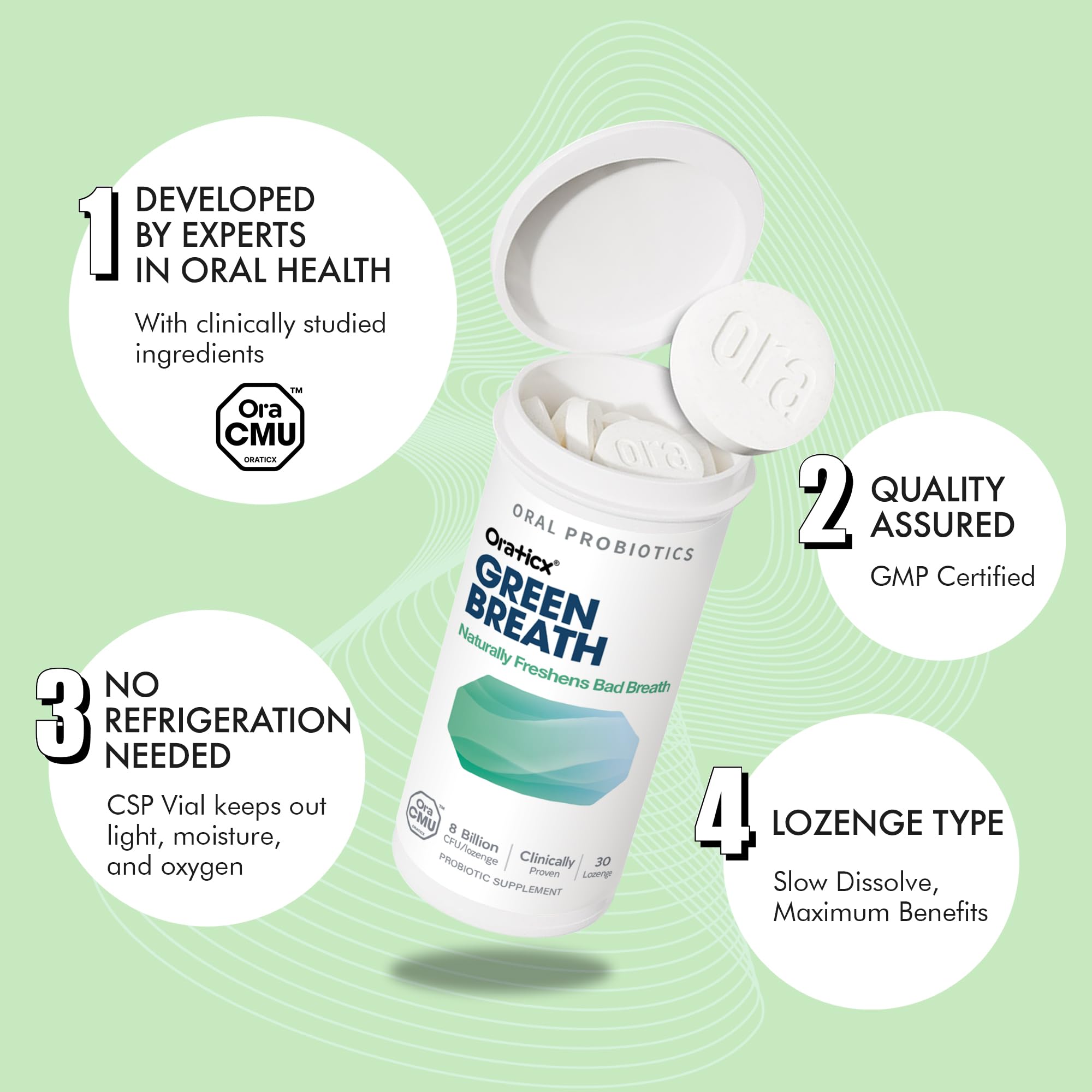OraTicx Green Breath étiquette oraCMU et informations sur les bénéfices buccaux
