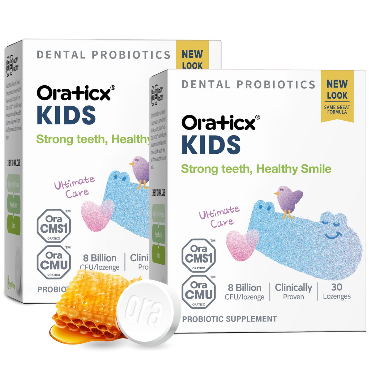 OraTicx Kids Probiotiques Dentaires – bouteille montrant la formule pour dents saines.
