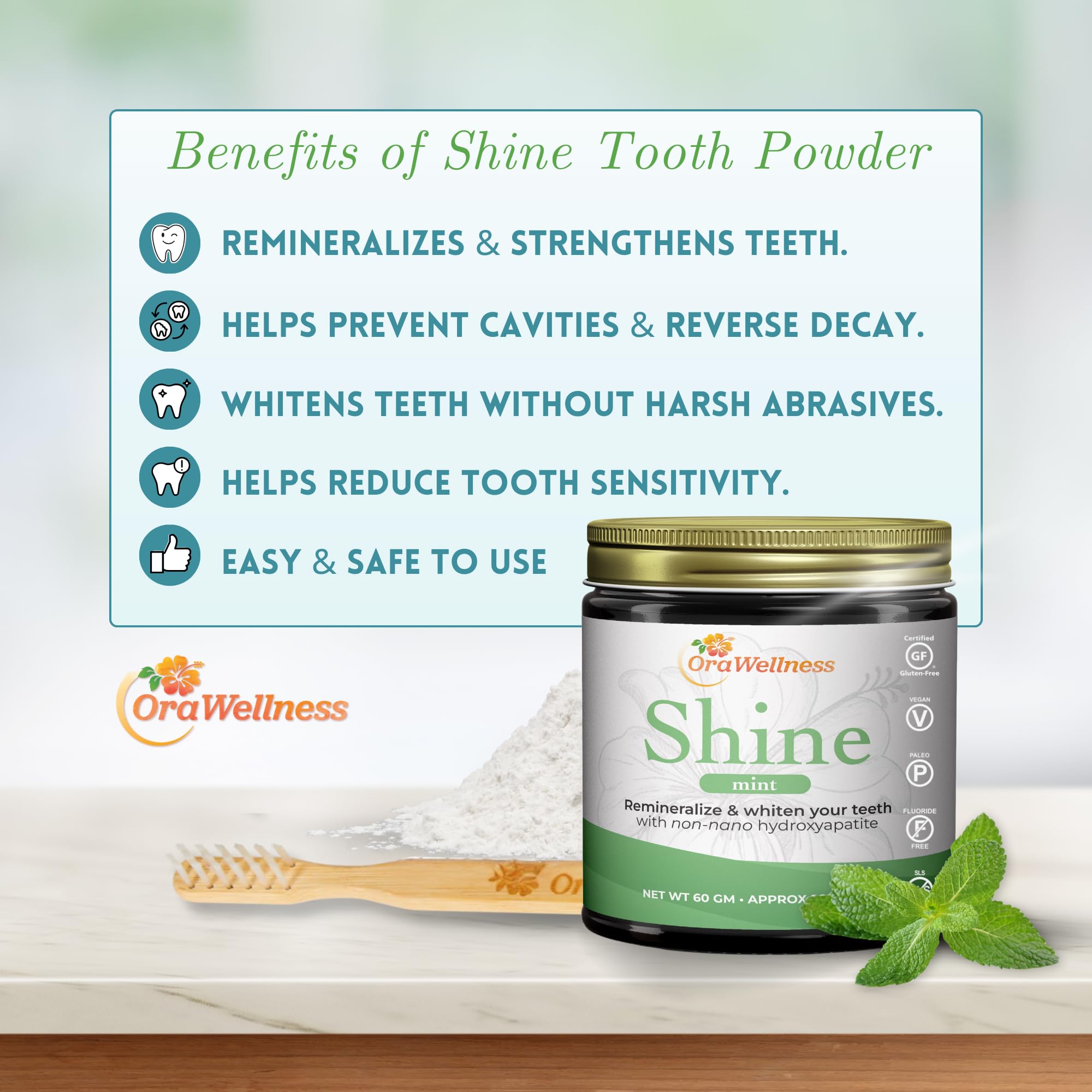 Blanchiment doux des taches avec OraWellness Shine poudre dentaire naturelle