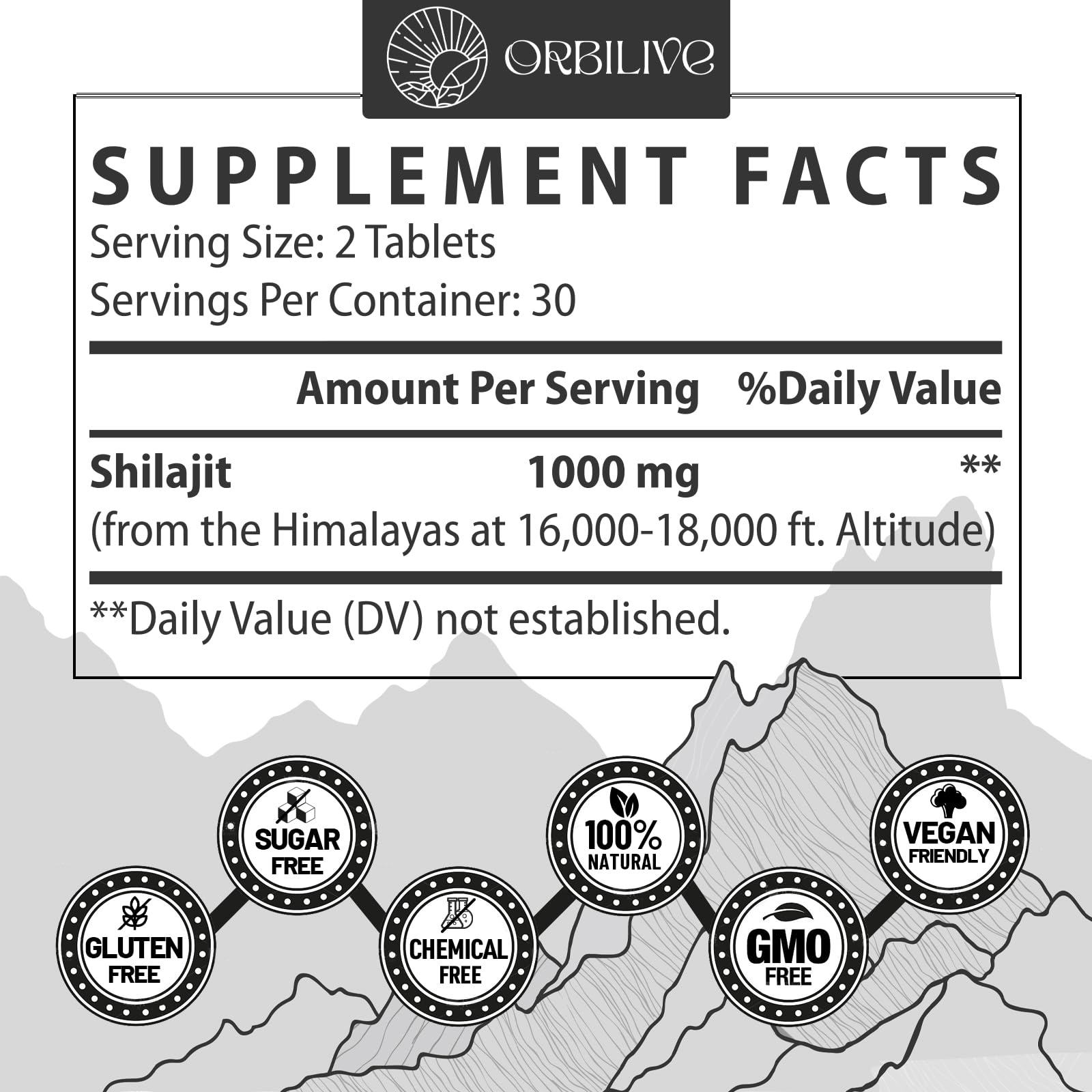 ORBILIVE Shilajit - Tablettes visibles, riches en minéraux et acide fulvique.