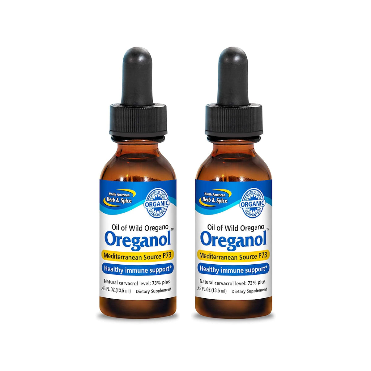 Oreganol P73 – bouteille double pack, huile d'origan sauvage pure et pratique à utiliser.