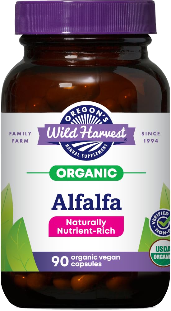 Oregon's Wild Harvest Alfalfa capsules packshot montrant le flacon pratique.