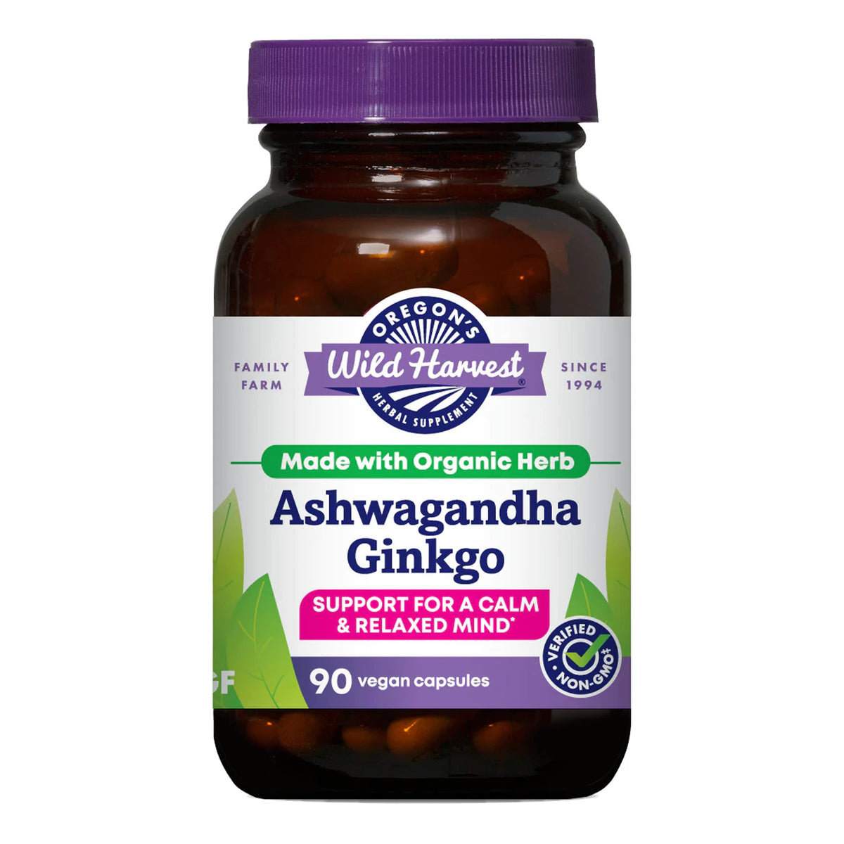 Capsules Ashwagandha Ginkgo d'Oregon's Wild Harvest pour calme et concentration.