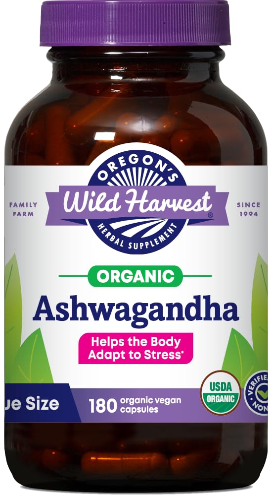 Ashwagandha Oregon's Wild Harvest, bouteille photo: soutien potentiel calme et bien-être.