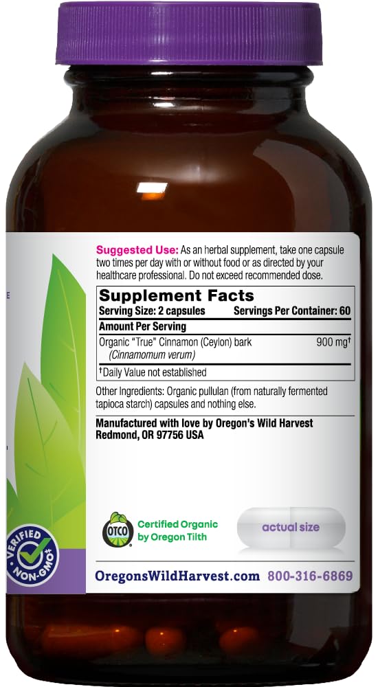 Étiquette du produit Oregon's Wild Harvest Cannelle Ceylan bio et vérification SGS.