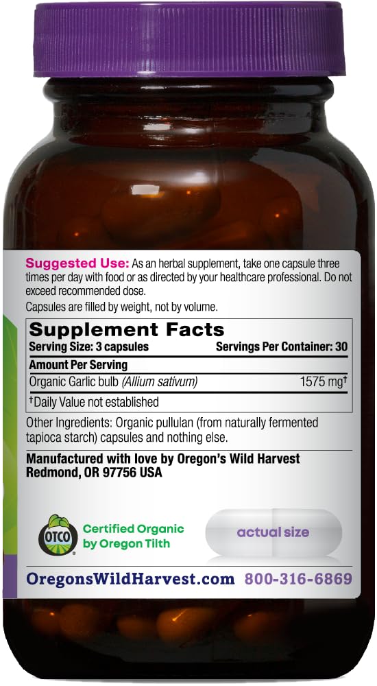Étiquette bio Oregon's Wild Harvest sur l'emballage, source d ail biologique.