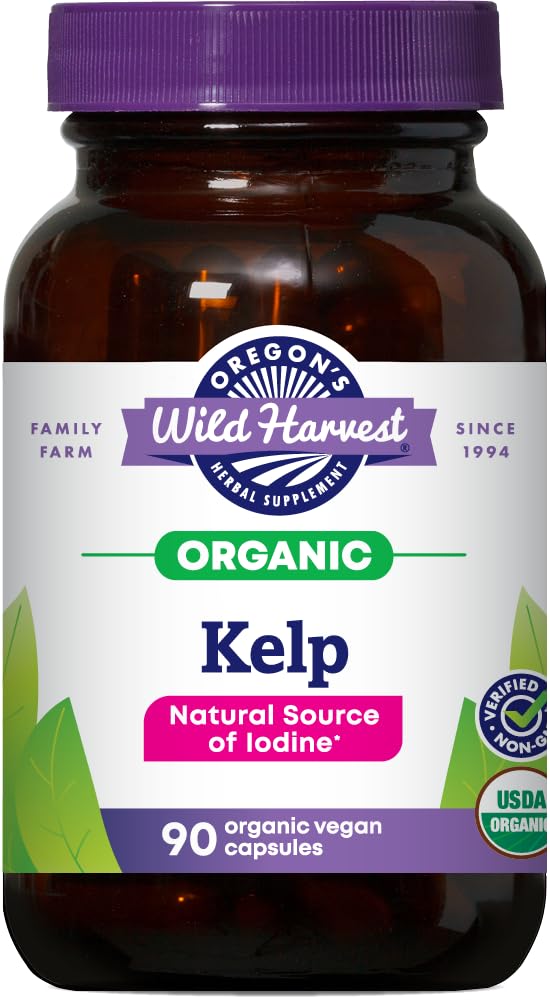 Oregon's Wild Harvest Kelp capsules, bouteille ouverte, source naturelle d'iode pour routine quotidienne.