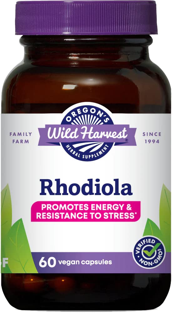 Rhodiola Oregon's Wild Harvest – gélules en bouteille, soutien potentiel à l'énergie et à la résistance au stress.