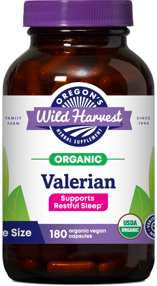 Valériane Oregon's Wild Harvest en gélules dans une bouteille, pour un calme potentiel.