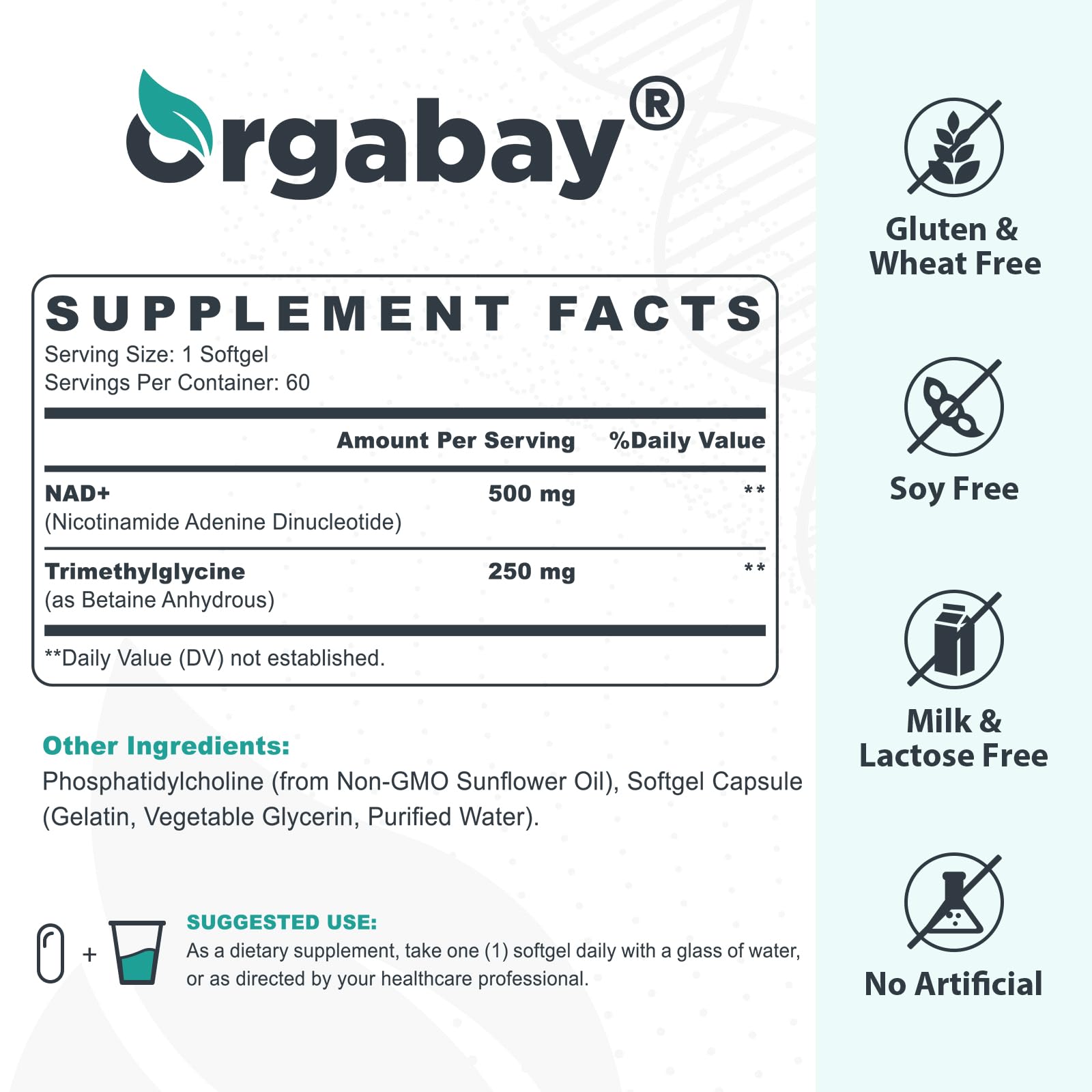 Orgabay NAD liposomal – TMG 250 mg et gélules molles faciles à prendre.