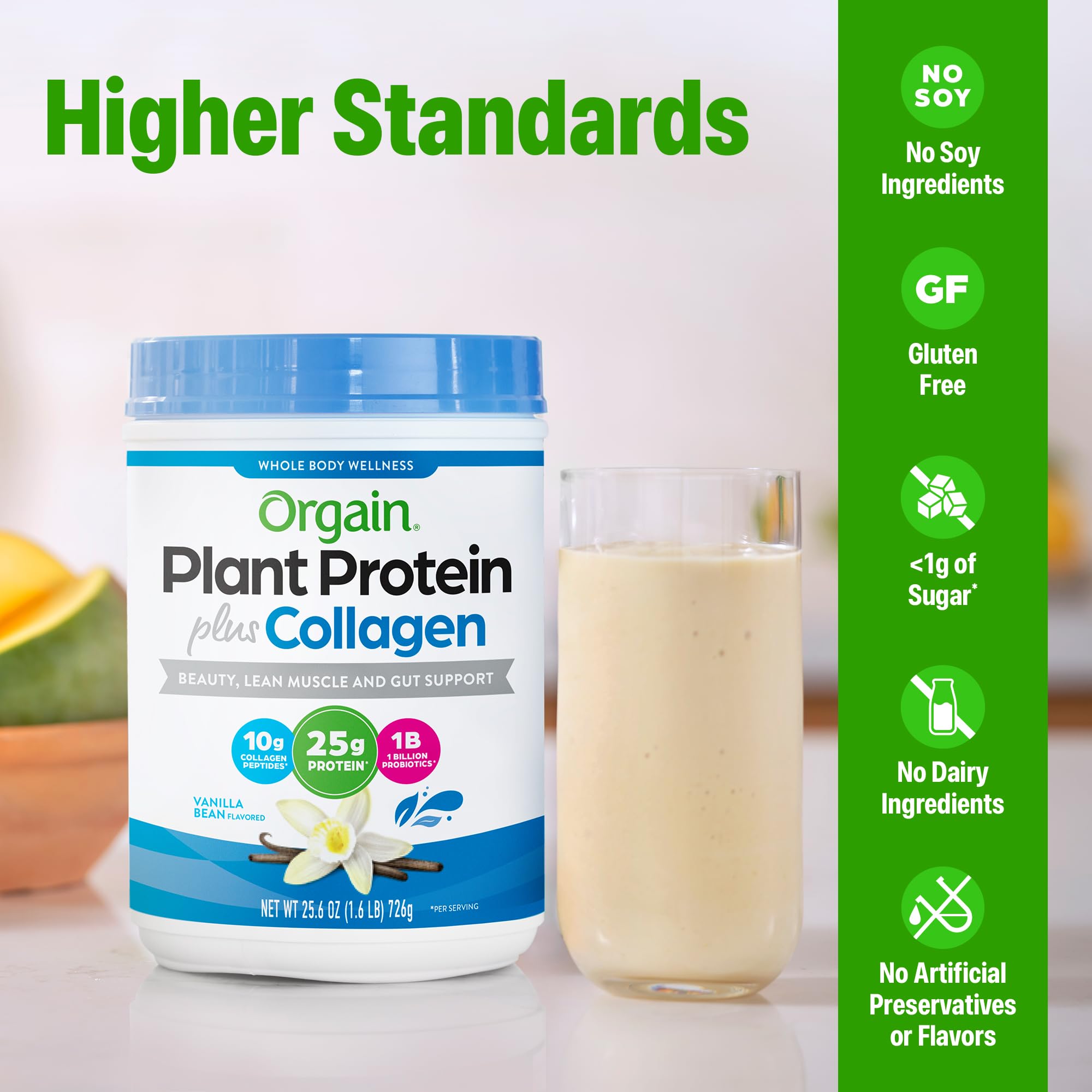 Orgain ingrédients protéine-collagène vanille, mélange sans lactose et sans édulcorants artificiels.