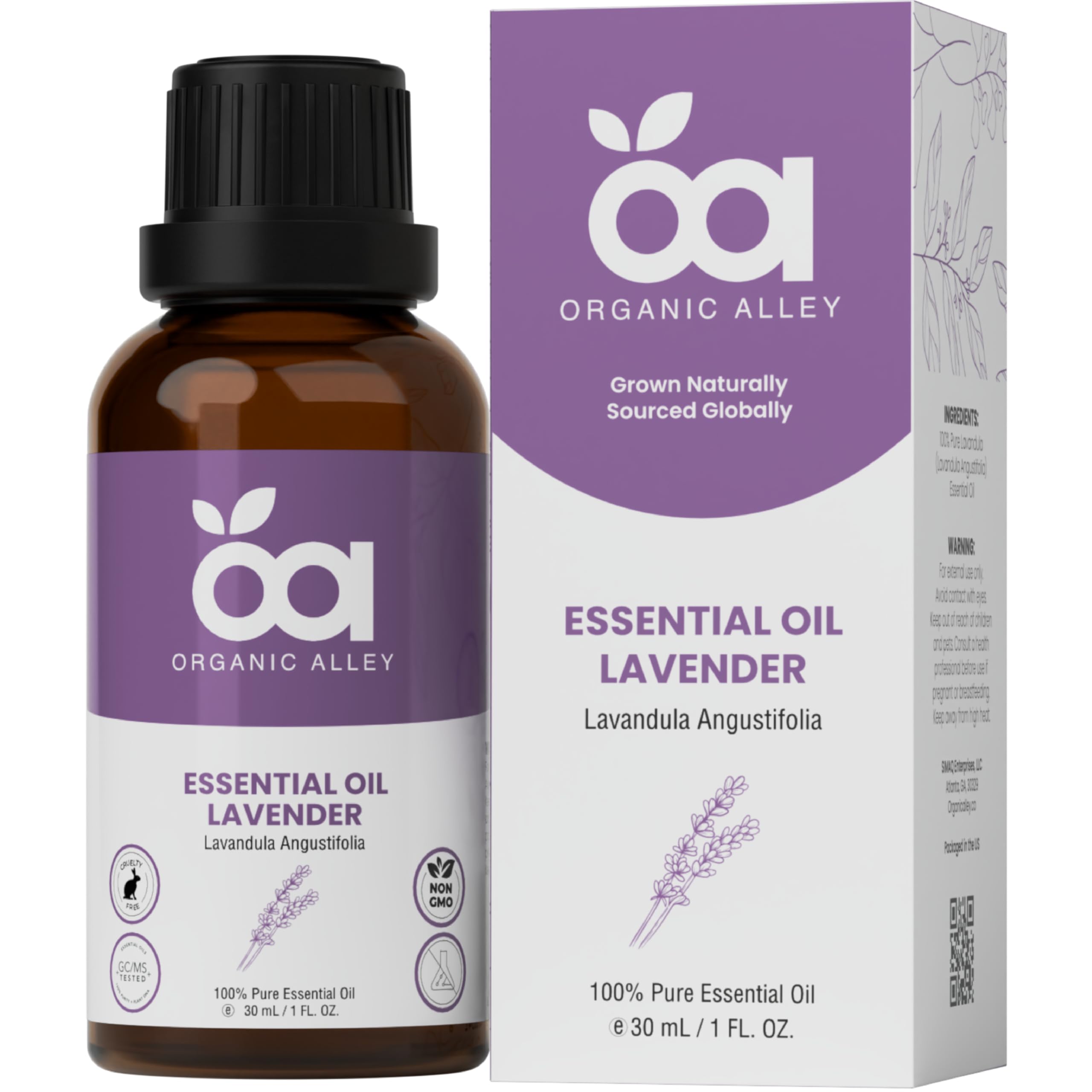 Organic Alley huile lavande en bouteille 30 ml pour relaxation et détente.