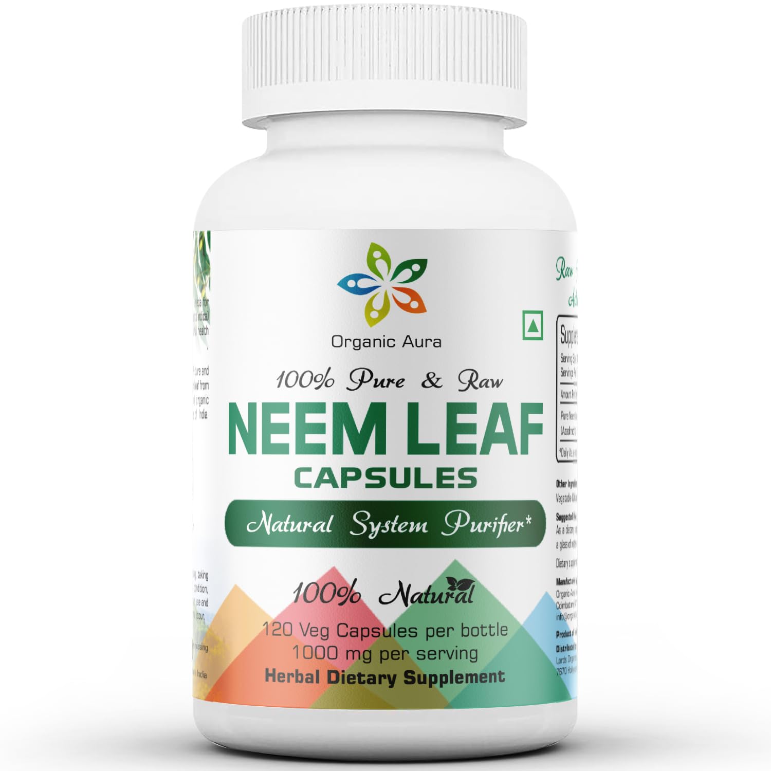 Organic Aura Neem Capsules: bouteille de gélules, soutien potentiel du système immunitaire.