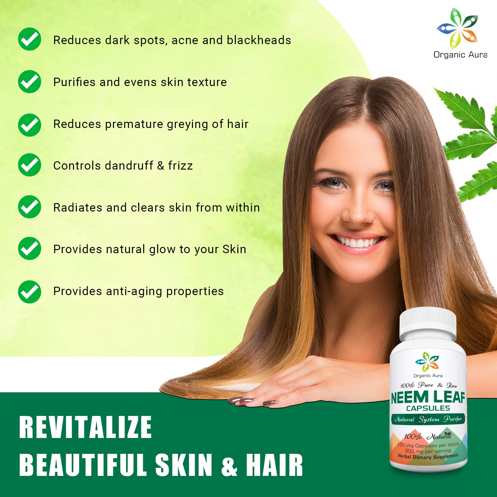 Organic Aura Neem Etiquette Emballage: étiquette claire et informations produit.