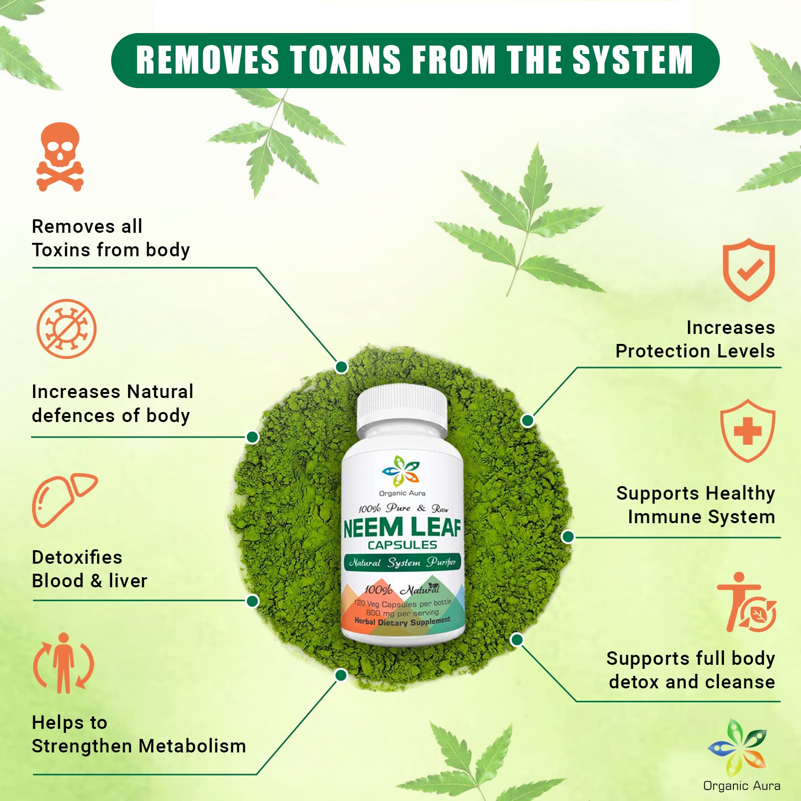 Organic Aura Neem Feuilles Entières: feuilles séchées utilisées dans la poudre.