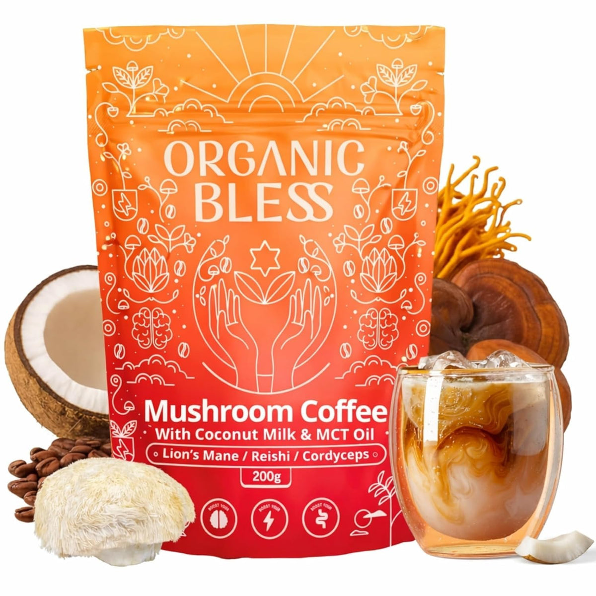Organic Bless cafe-poudre-champignons-emballage clair pour démarrer une routine matinale.