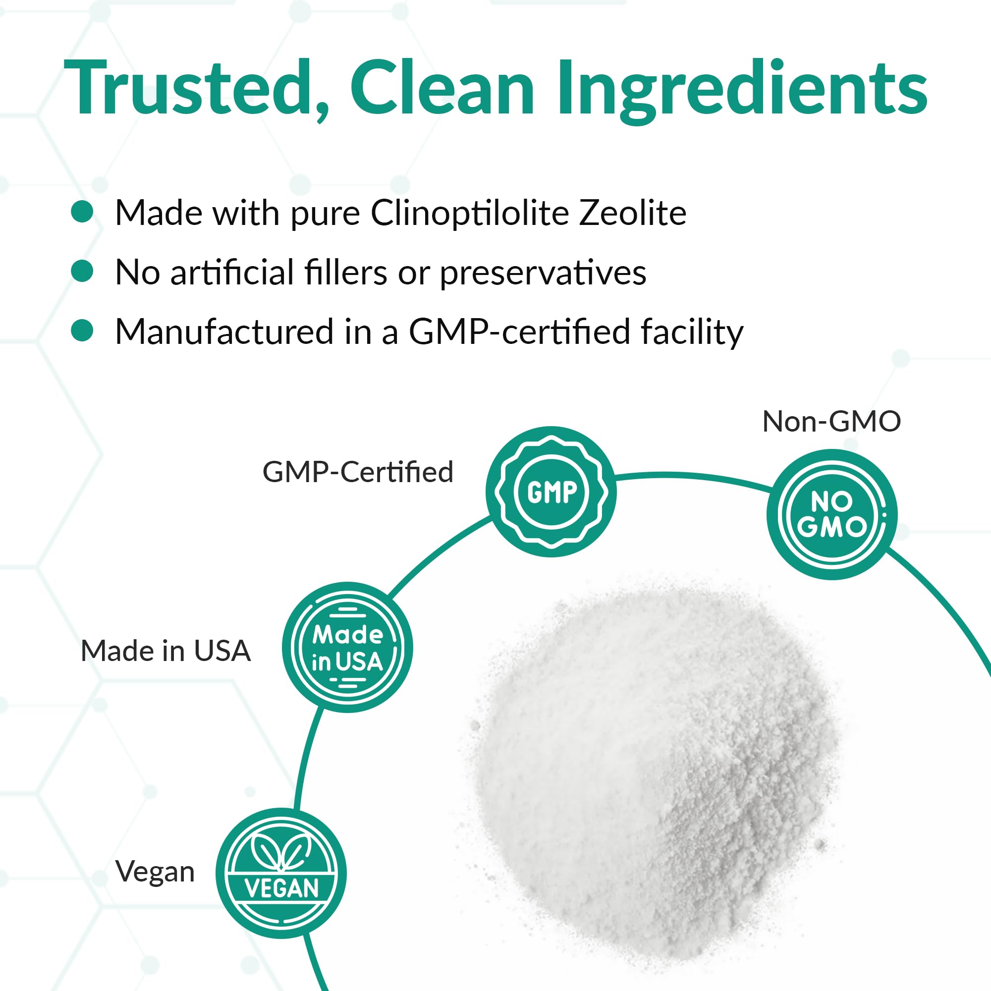 Organic Excellence Zeolite Clinoptilolite : étiquette claire et informations produit visibles.