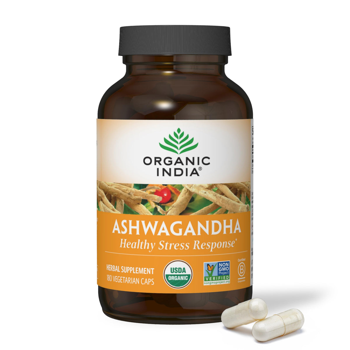 Organic India Ashwagandha – gélules dans la bouteille, soutien au bien-être potentiel